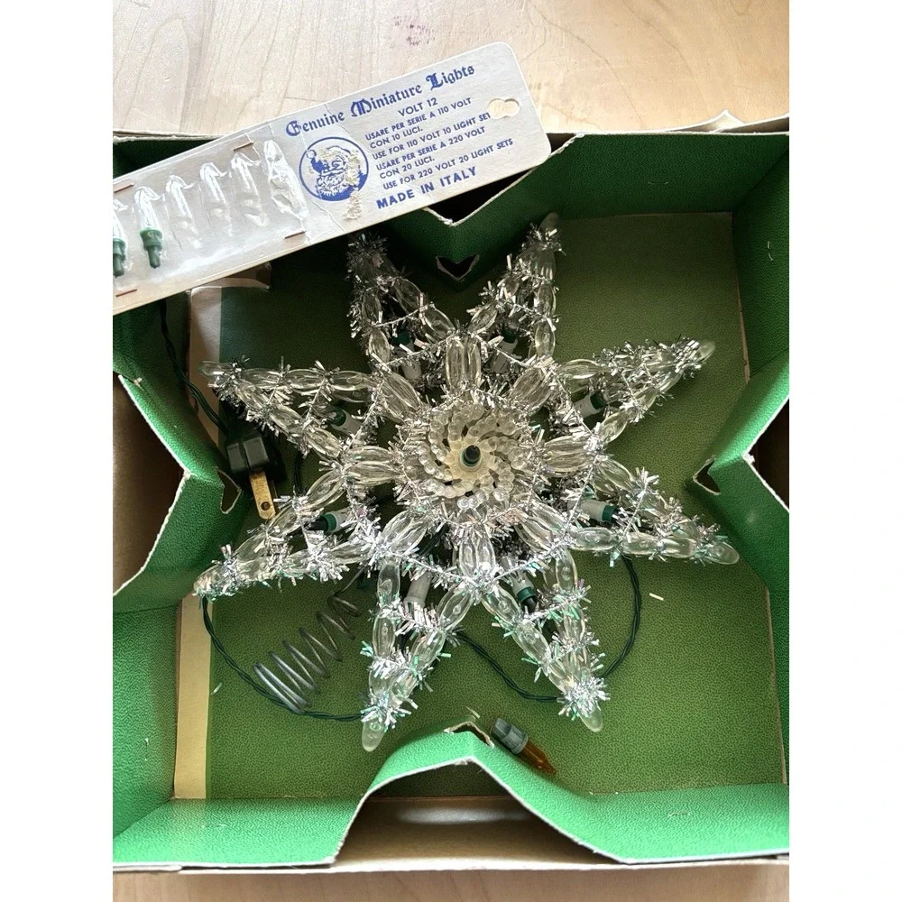 Vtg Kurt Adler Christmas Tree Topper Silver Tinsel Star Lighted Working Italy
